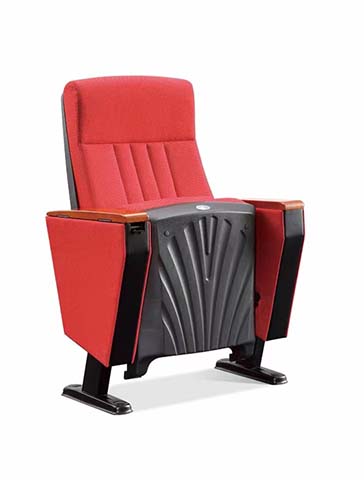 Fixed Floor-Mounted Auditorium Chair with Foldable Writing Tablet, Red Upholstery and Wood-Capped Armrests