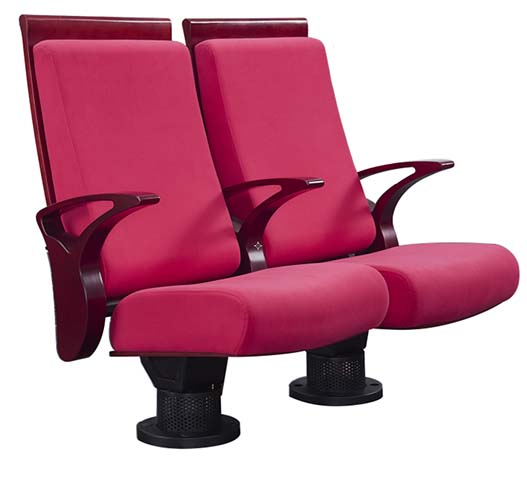 Two-Seat Ganged Red Fabric Auditorium Seating with Wood Armrests