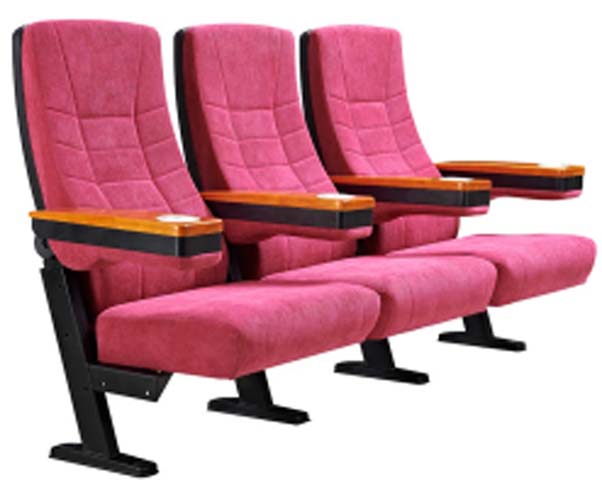 3-Seat Fixed Floor-Mounted Quilted Fabric Auditorium Chair with Wooden Cup-Holder Armrests