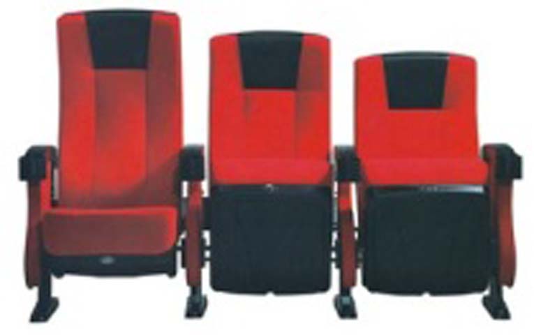 3-Seat Ganged Floor-Mounted Flip-Up Auditorium Seating, Red and Black Upholstery