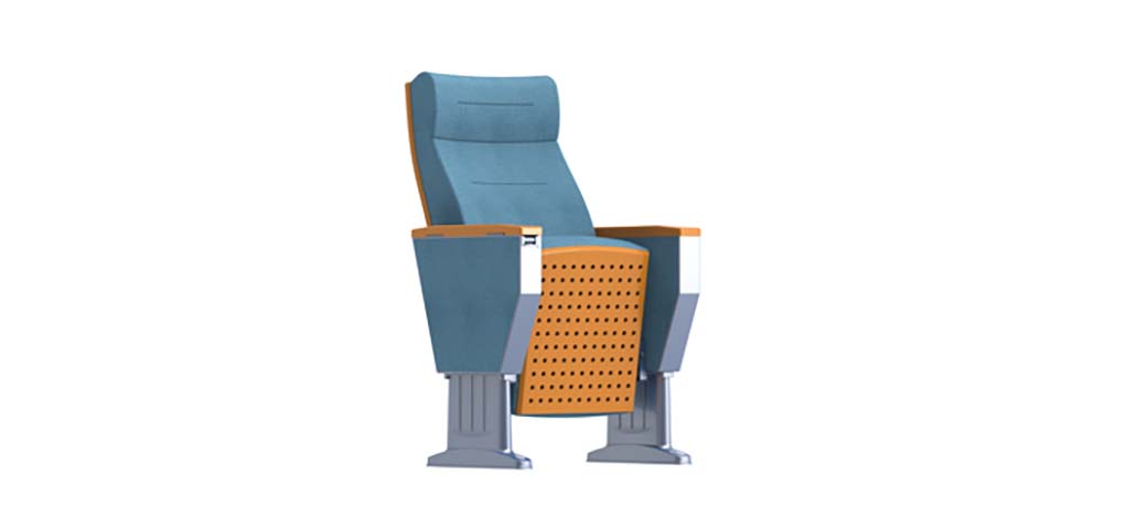 Fixed Ganged Auditorium Chair with Blue Upholstery and Wood Trim