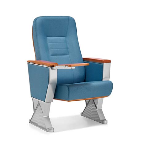Fixed Floor-Mounted Blue Upholstered Auditorium Chair with Retractable Wooden Writing Tablet