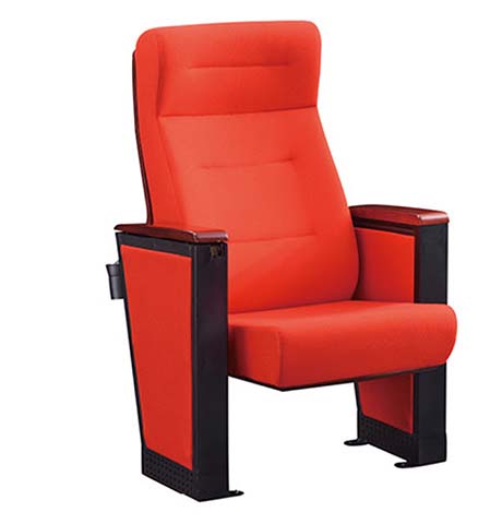 Red Upholstered Fixed Floor-Mounted Auditorium Chair with Wood Armrests