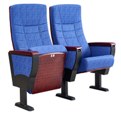Fixed Ganged Floor-Mounted Blue Fabric Auditorium Chair with Wood Armrests