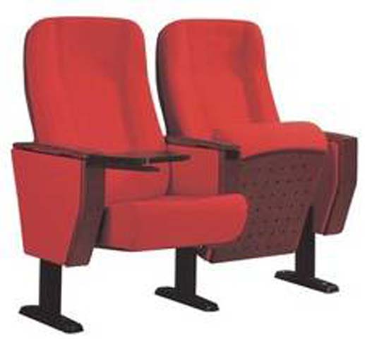 2-Seat Ganged Bolt-Down Auditorium Chair with Red Upholstery and Dark Wood Armrests