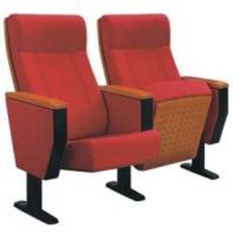 Double-Seat Fixed Floor-Mounted Auditorium Chair with Red Upholstery and Wood Armrests