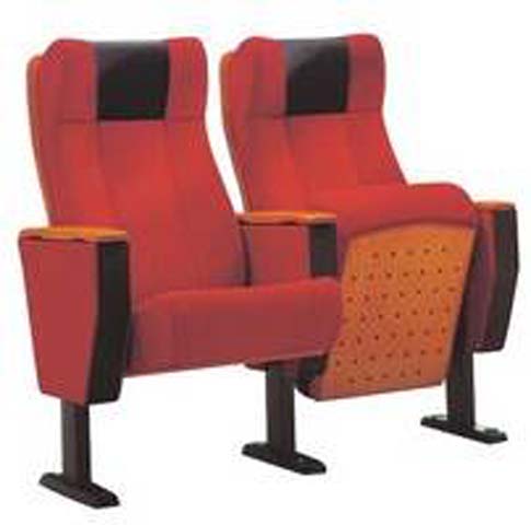 Ganged Floor-Mounted Auditorium Seating with Writing Tablet, Red Upholstery, Perforated Wood Side Panel