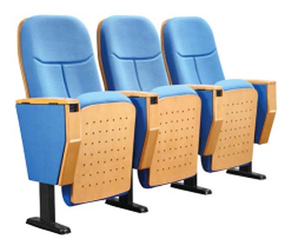 3-Seat Ganged Fixed Floor-Mounted Auditorium Chair with Perforated Wood Panels and Blue Fabric Upholstery