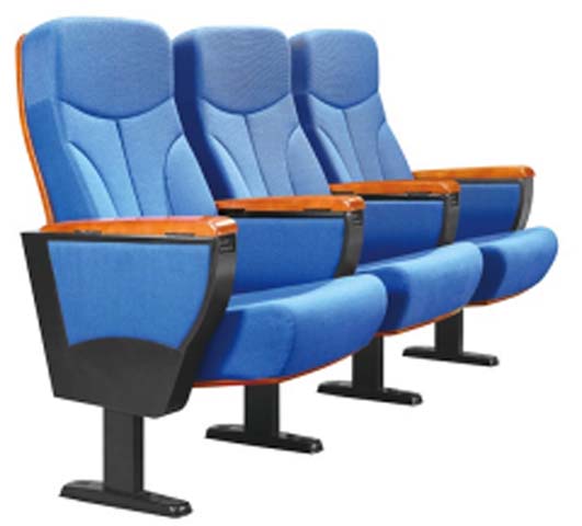 3-Seat Ganged Blue Fabric Auditorium Seating with Wooden Armrests