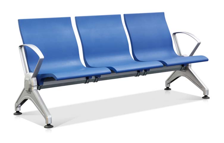3-Seat Public Waiting Bench with Aluminum Frame and Blue Rigid Seats