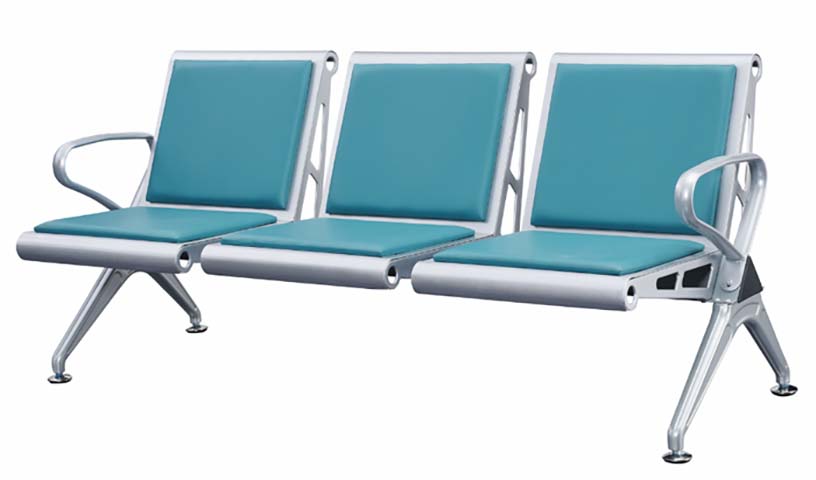 3-Seat Silver Metal Frame Turquoise PU Padded Public Waiting Gang Chair