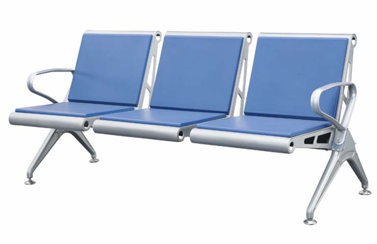 3-Seat Blue Padded Public Waiting Gang Chair with Silver Steel Frame