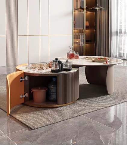 2-Piece Nesting Oval Coffee Table Set with Stone Top and Fluted Storage Cabinet