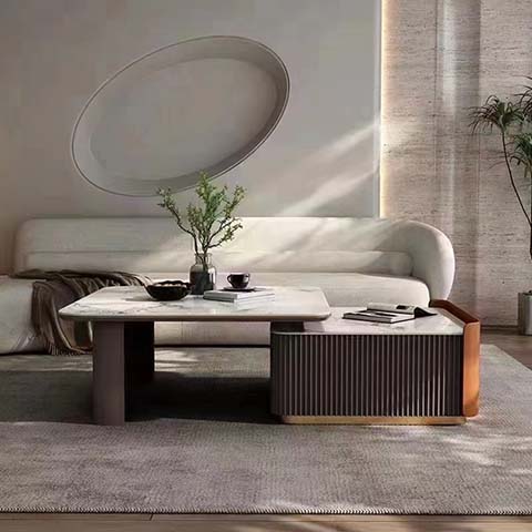 Asymmetrical Extendable Coffee Table with Fluted Base and Stone-Effect Top