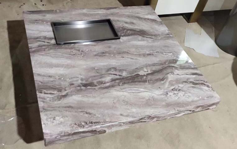 Square Low-Profile Polished Grey Veined Marble Coffee Table with Recessed Dark Metal Tray