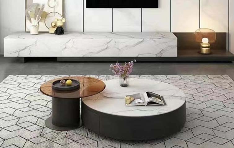 2-Piece Nested Round Coffee Table Set, White Marble-Effect Large Table with Storage, Amber Tinted Glass Small Table, Matte Black Base