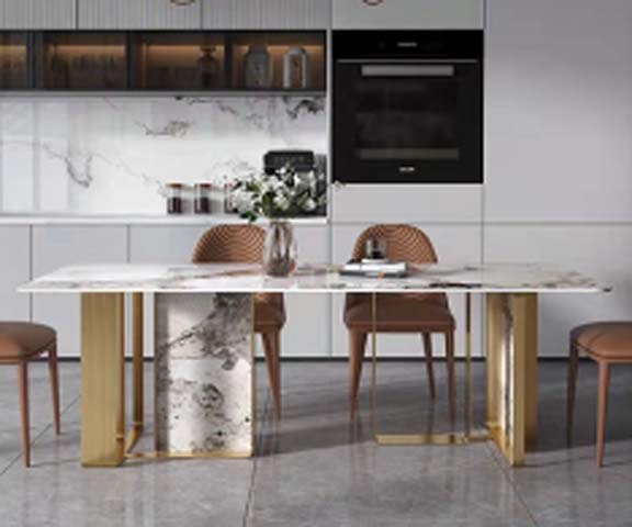 Rectangular Pandora Sintered Stone Dining Table with Gold Metal Supports