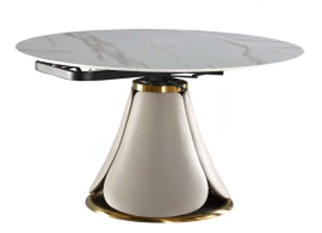 Modern Luxury Rotating Extendable Round Dining Table with Beige Upholstered Hourglass Pedestal