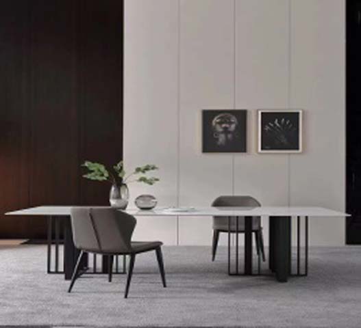 Rectangular Sintered Stone Top Dining Table with Matte Black Metal Base