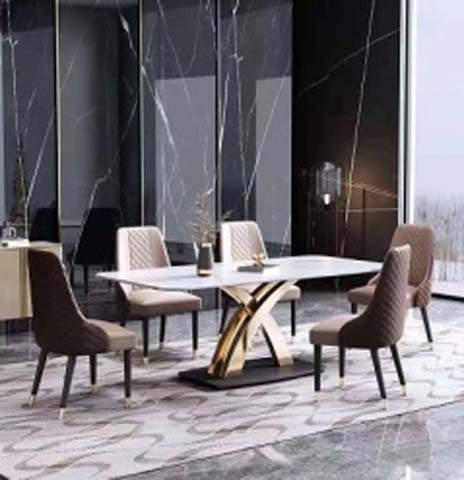 6-Seater Light Luxury Rectangular Dining Table with Gold Accent X Pedestal Base