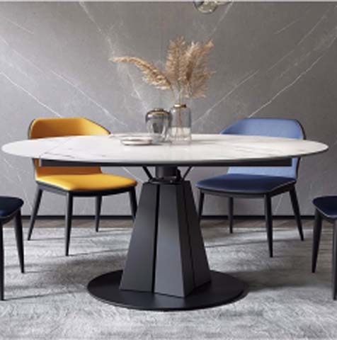 Modern Round Pedestal Dining Table with White Stone-Effect Top and Black Geometric Base