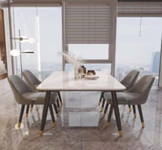 Modern Minimalist Rectangular White Top Dining Table with Dark Splayed Brass-Capped Legs