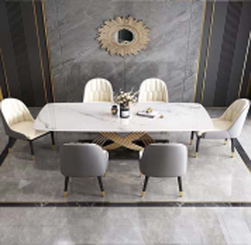 Modern Light Luxury Rectangular Rounded-Corner Dining Table with White Veined Tabletop and Gold Crisscross Base for 6 Seaters