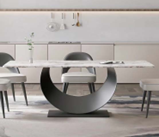 Modern Rectangular Marble-Look Dining Table with C-Shaped Dark Metal Pedestal Base