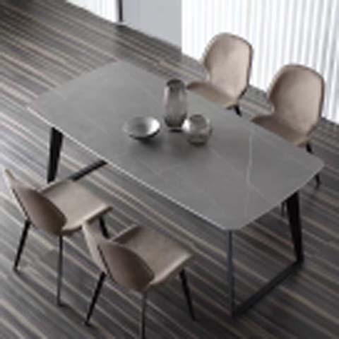 Modern Rectangular 4-Seat Dining Table with Grey Polished Top and Black Metal Sled Base