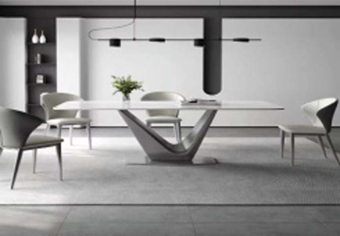 Modern Rectangular Sintered Stone Dining Table with Sculptural V-Shaped Central Pedestal Base
