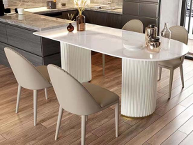 Glossy White Rounded-End 4-Seater Dining Table with Fluted Off-White Pedestals and Gold Trim