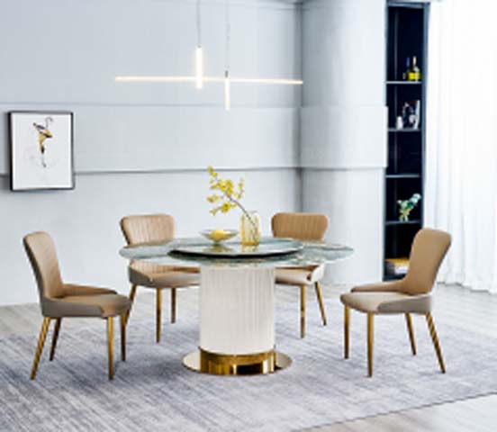 Modern Round Glass-Top Dining Table with Fluted White Pedestal, Gold Plinth Base and Central Lazy Susan