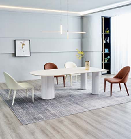 Modern Matte White Oval Dining Table with 3 Fluted Cylindrical Pedestal Bases