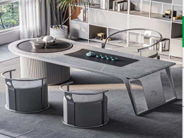 Asymmetrical Grey Sintered Stone Tea Ceremony Table with Built-in Rotating Lazy Susan