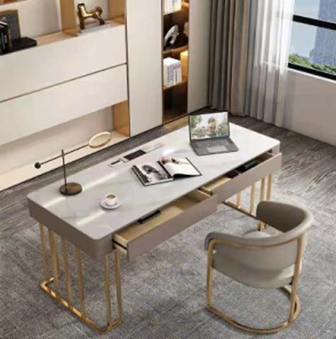 Modern Glossy White Executive Desk with Gold Metal Sled Base and 2 Drawers