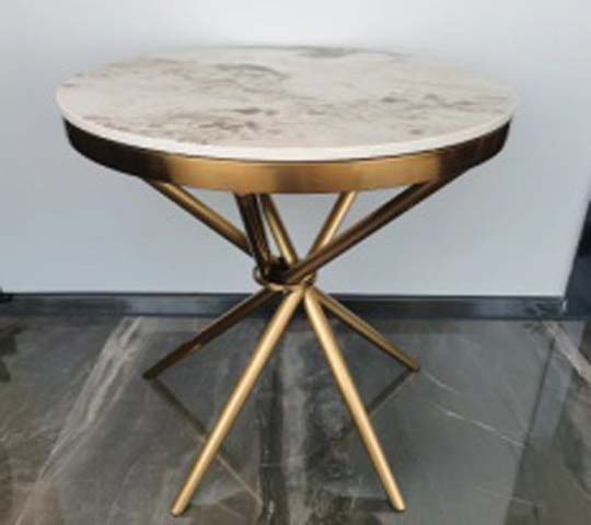 Modern Round Veined Stone Dining Table with Brushed Gold Spoked Spider Base