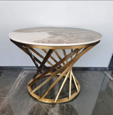 Round Sintered Stone Dining Table with Gold Geometric Crisscross Base