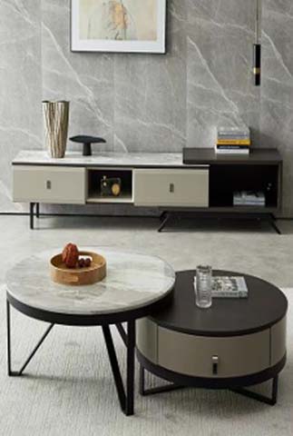 Extendable Two-Tone Sintered Stone TV Media Console with Nesting Round Coffee Table Set
