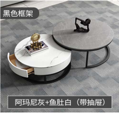 2-Piece Nested Round Coffee Table Set with Drawer, Sintered Stone Top, Black Metal Frame