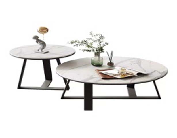 2-Piece Oval Nesting Coffee Table Set, White Faux Marble Top with Black Metal Geometric Base