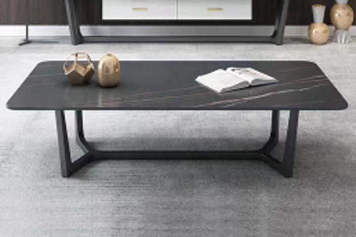 Modern Dark Veined Sintered Stone Rectangular Coffee Table with Black Geometric Metal Frame