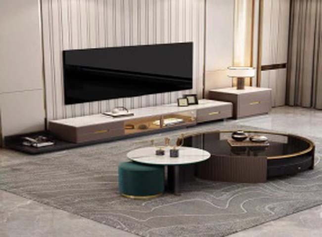 Modern Luxury Living Room Coffee Table Set (Large Round + Small Round + Upholstered Ottoman)