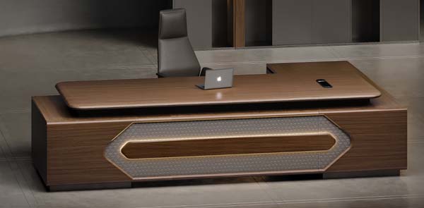 Luxury Walnut Veneer L-Shaped Executive Office Desk with Geometric Gold-Trim Storage Base