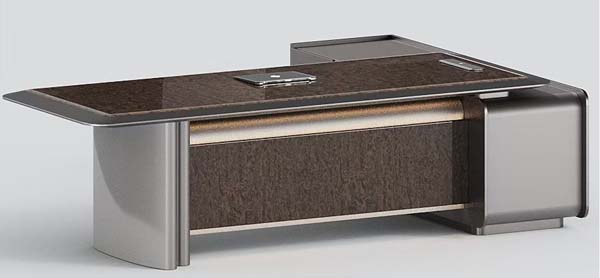 Modern L-Shaped Dark Wood Veneer Dual Metal Pedestal Executive Office Desk