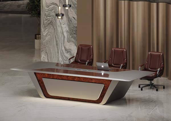 Luxury Boat-Shaped High-Gloss Burl Wood Champagne Metallic Boardroom Conference Table with Central Cable Trough