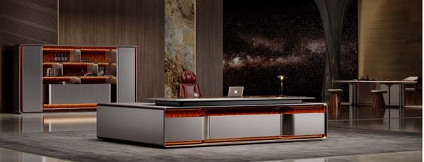Luxury L-Shaped Gray Wood Veneer Executive Desk with Integrated Front Pedestal