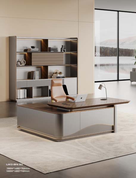 L-Shaped Luxury Executive Office Desk with Grey Lacquer Pedestal Base