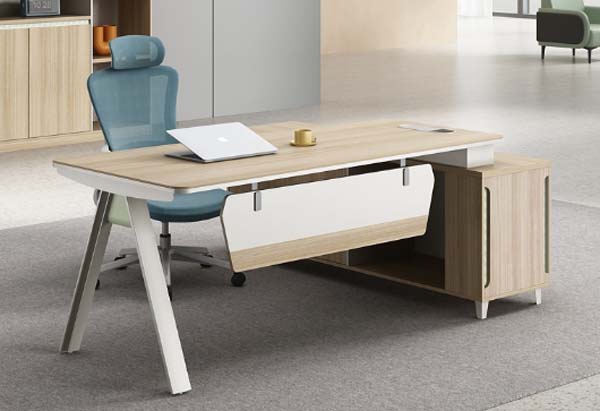 Two-Tone Light Oak and White L-Shaped Executive Office Desk with Side Return Storage