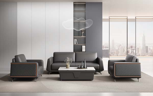 Dark Grey Leather 3+1+1 Commercial Office Reception Sofa Set with Matching Coffee Table