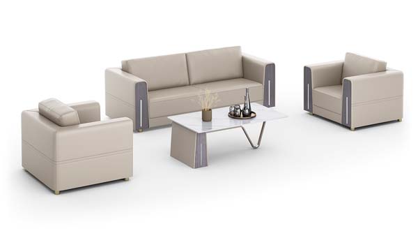 1+1+3 Light Beige PU Leather Office Reception Sofa Set with Asymmetric-Leg Coffee Table